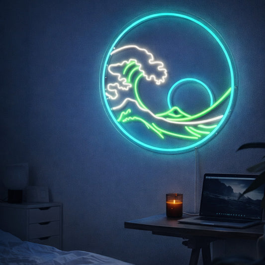 Ocean Wave Neon Sign – Blue & Green LED Wall Light, Japanese Wave Style