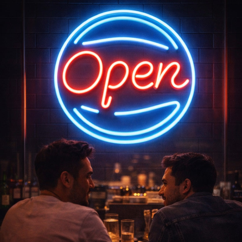 Open LED Neon Sign with Round Frame Design for Storefront, Shop Window and Business Display