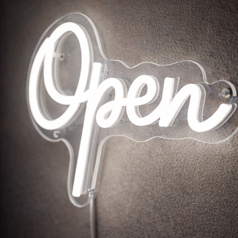Open Neon Sign – White LED Script Light for Café, Coffee Bar & Shop Window