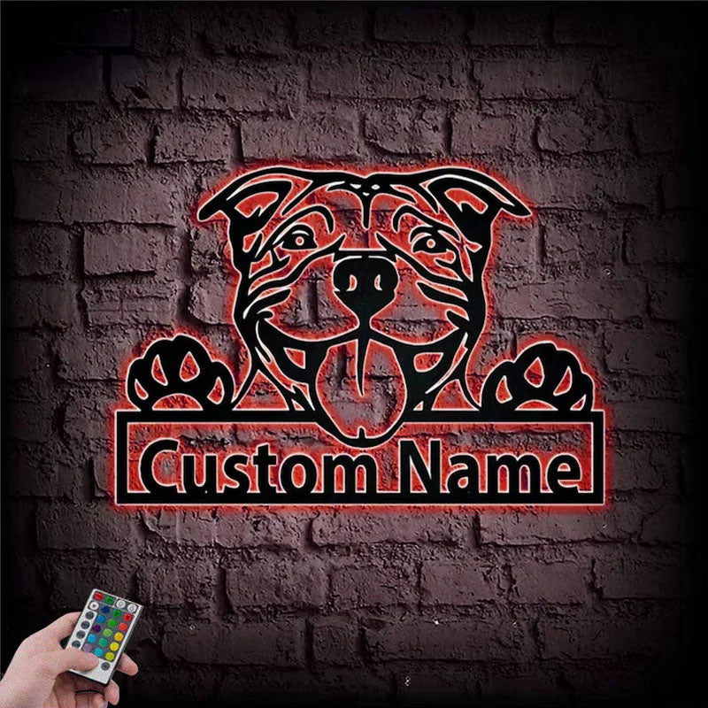 Personalized American Pit Bull, Metal Wall Signs With RGB Led Light