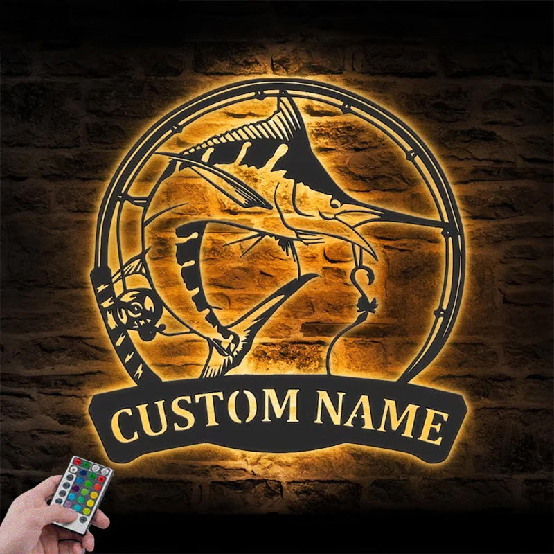 Personalized Atlantic Blue Marlin Fishing Metal Wall Signs With RGB Led Light