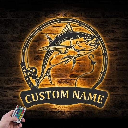 Personalized Atlantic Bluefin Tuna Fishing Metal Wall Signs With RGB Led Light