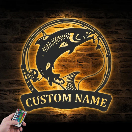 Personalized Atlantic Salmon Fishing Metal Wall Signs With RGB Led Light