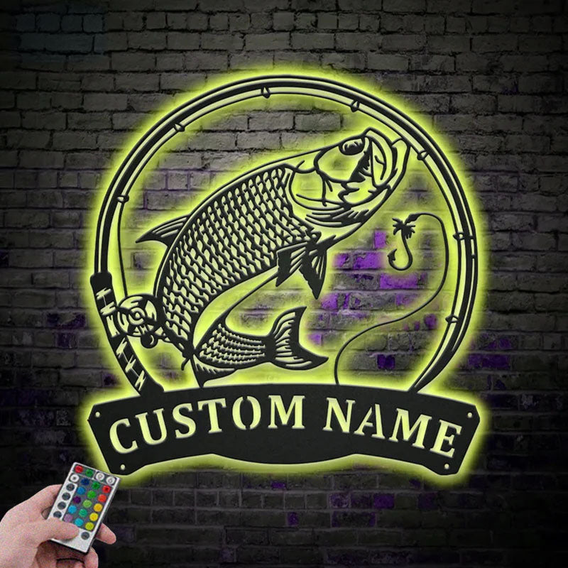 Personalized Atlantic Tarpon Fish Pole Metal Wall Signs With RGB Led Light