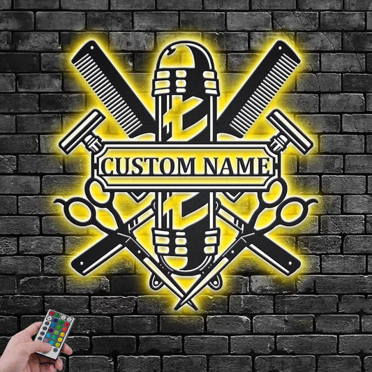 Personalized Barber Shop, Metal Wall Signs With RGB Led Light