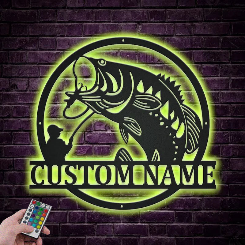 Personalized Bass Fishing Monogram Metal Wall Signs With RGB Led Light
