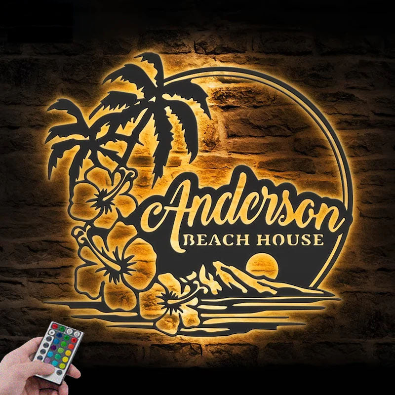 Personalized Beach House Hawaiian Flower Scene Metal Wall Signs With RGB Led Light