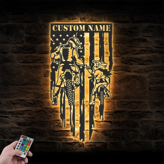 Personalized Biker Father Daughter Metal Wall Signs With RGB Led Light