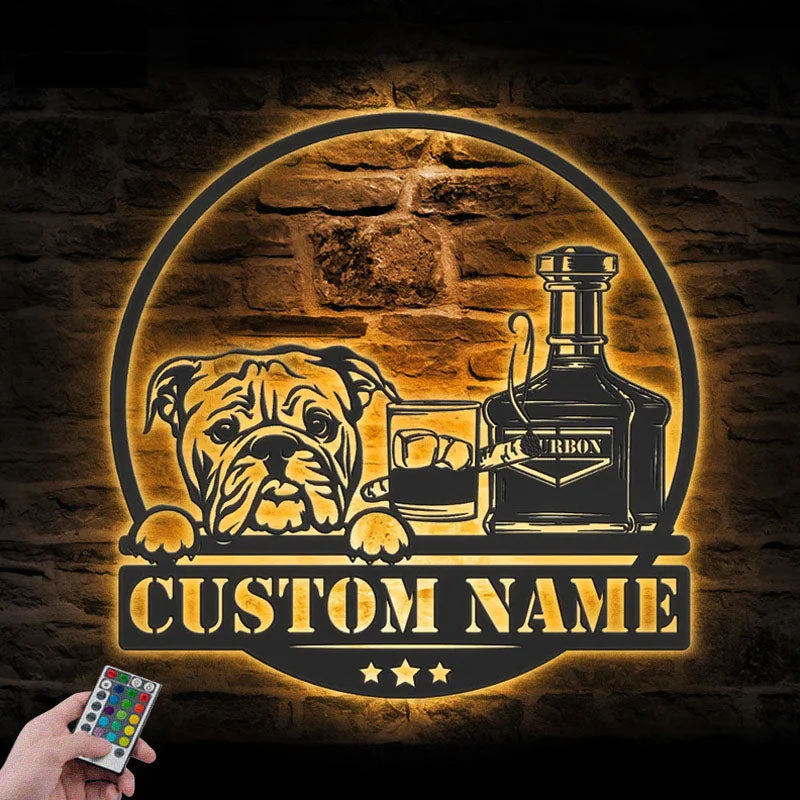 Personalized Bourbon Cigar And Bulldog, Metal Wall Signs With RGB Led Light