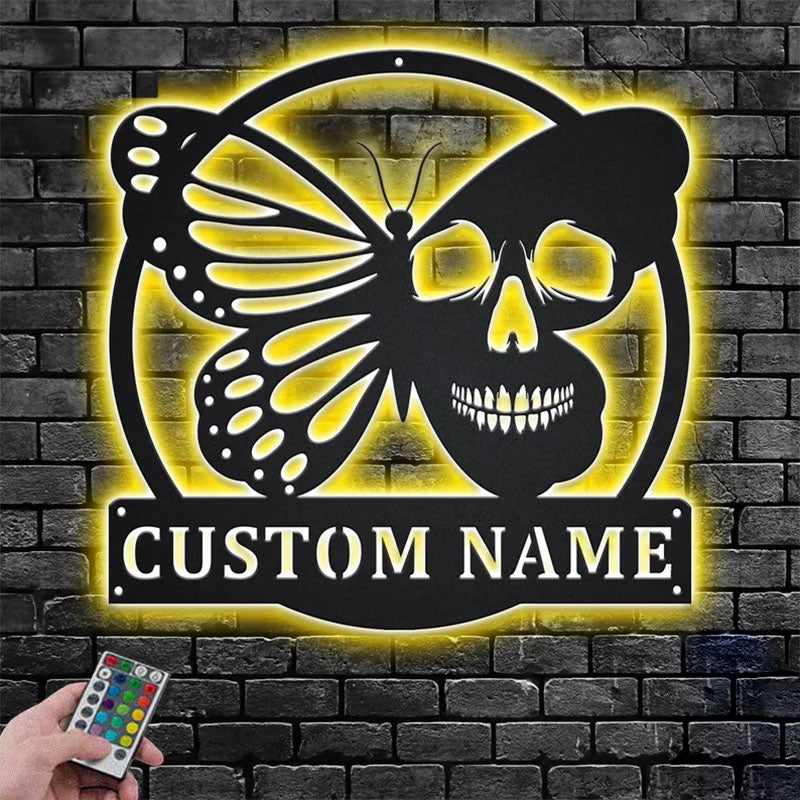 Personalized Butterfly Skull Metal Wall Signs With RGB Led Light