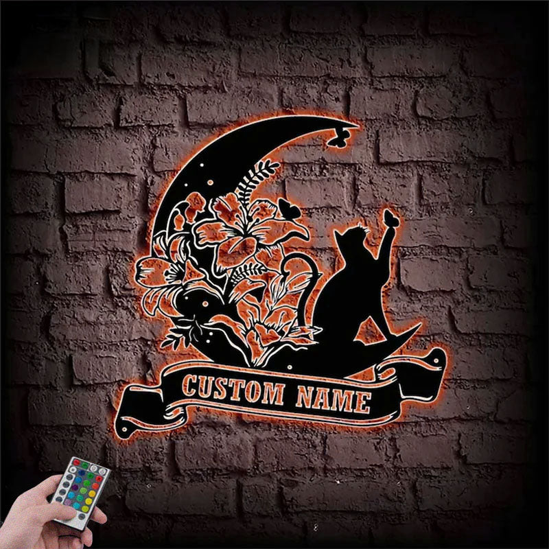 Personalized Cat And Moon, Metal Wall Signs With RGB Led Light