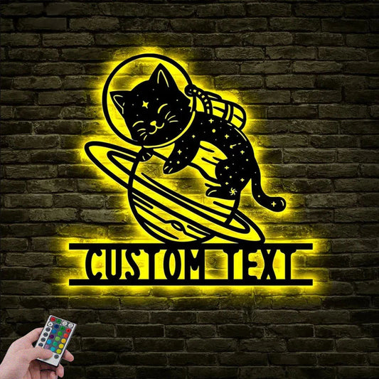 Personalized Cat Moon Universe Metal Wall Signs With RGB Led Light
