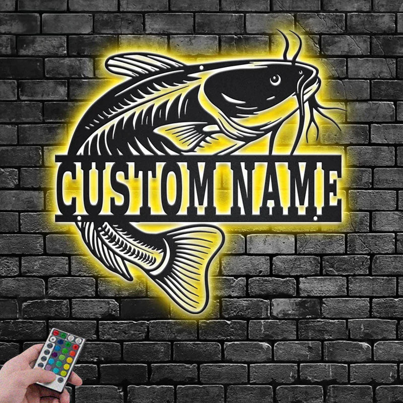 Personalized Catfish Fish Metal Wall Signs With RGB Led Light