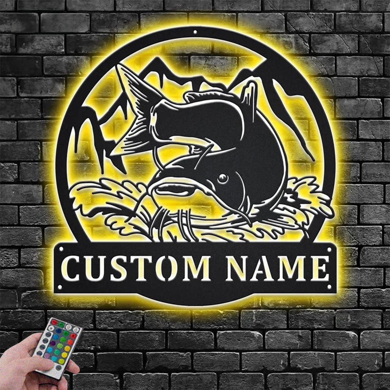 Personalized Catfish Fishing Metal Wall Signs With RGB Led Light