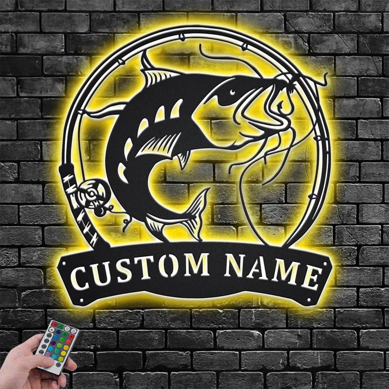 Personalized Catfish Fishing Metal Wall Signs With RGB Led Light