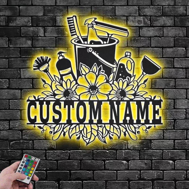 Personalized Cleaning Tool Frame Metal Wall Signs With RGB Led Light