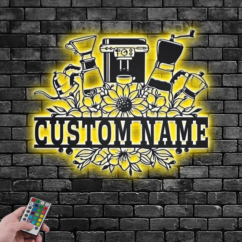 Personalized Coffee Maker Frame Metal Wall Signs With RGB Led Light