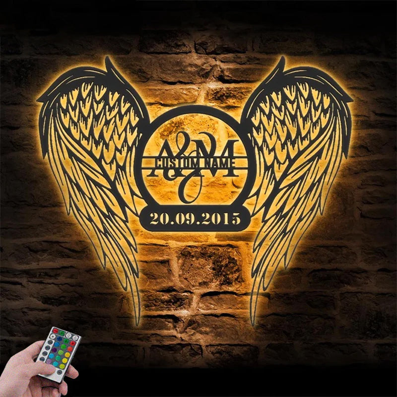 Personalized Couple Angel Wings Name Date Metal Wall Signs With RGB Led Light
