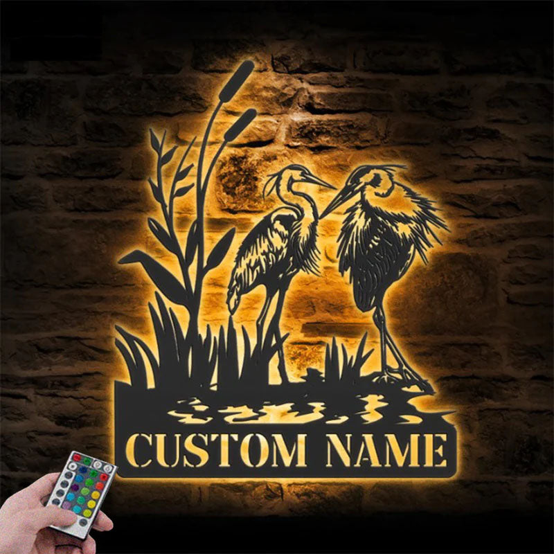 Personalized Couple Heron Bird Metal Wall Signs With RGB Led Light