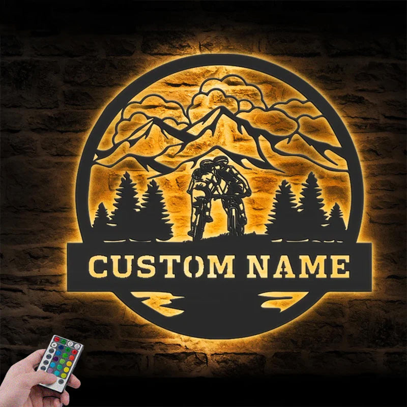Personalized Couple Kiss Mountain Bike Metal Wall Signs With RGB Led Light