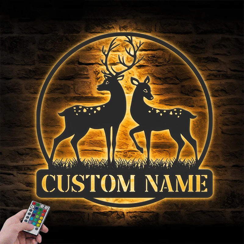 Personalized Couple Reindeer Deer Hunting Metal Wall Signs With RGB Led Light