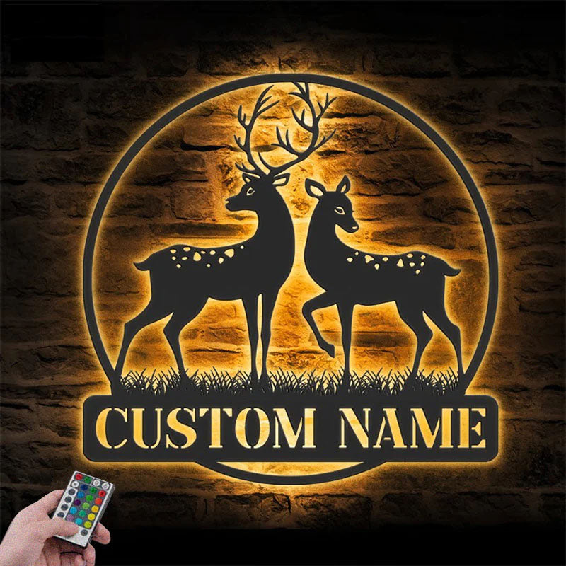 Personalized Couple Reindeer Deer Hunting, Metal Wall Signs With RGB Led Light