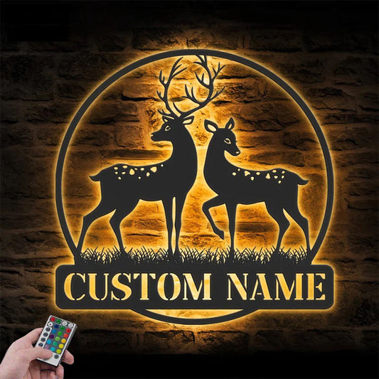 Personalized Couple Reindeer Deer Hunting, Metal Wall Signs With RGB Led Light