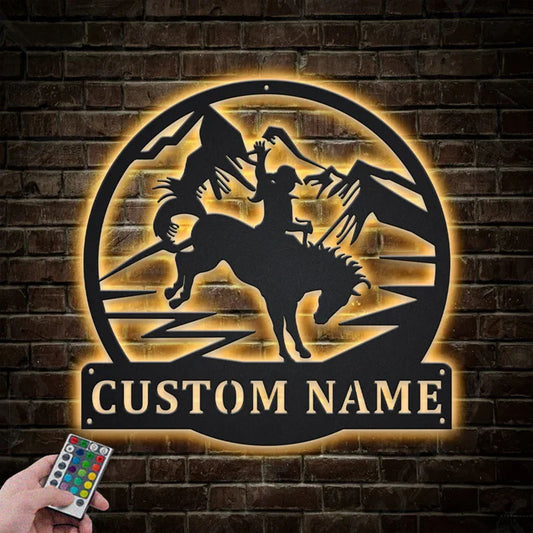 Personalized Cowgirl Riding A Horse Metal Wall Signs With RGB Led Light