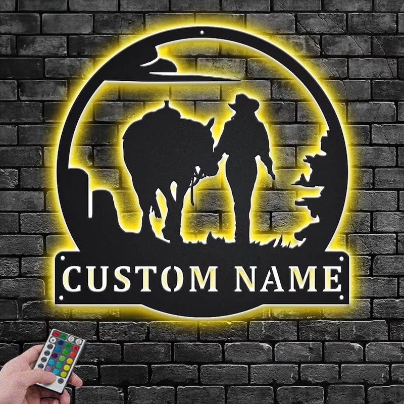 Personalized Cowgirl Walking With Horse Metal Wall Signs With RGB Led Light
