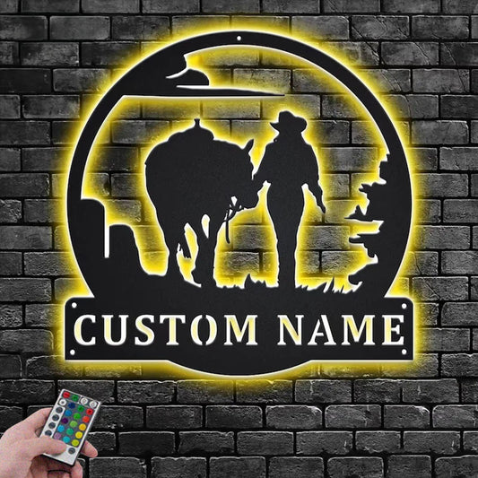 Personalized Cowgirl Walking With Horse Metal Wall Signs With RGB Led Light
