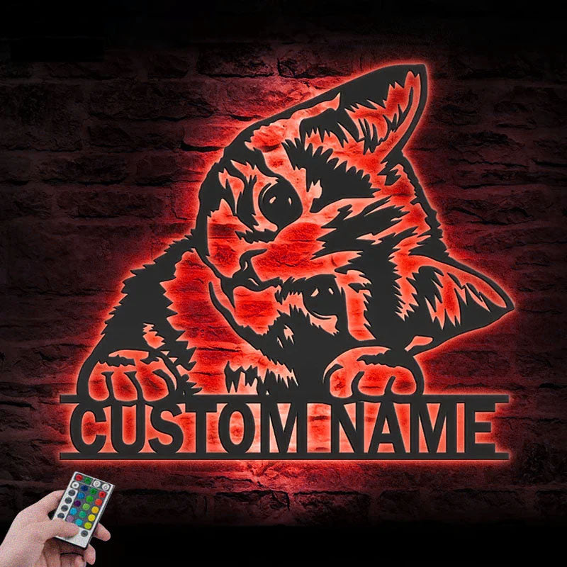 Personalized Cute Cat, Metal Wall Signs With RGB Led Light