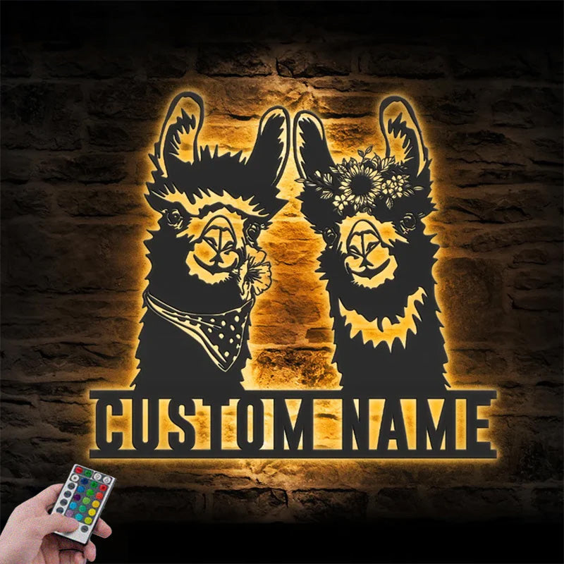 Personalized Cute Couple Alpaca Llama Love Metal Wall Signs With RGB Led Light