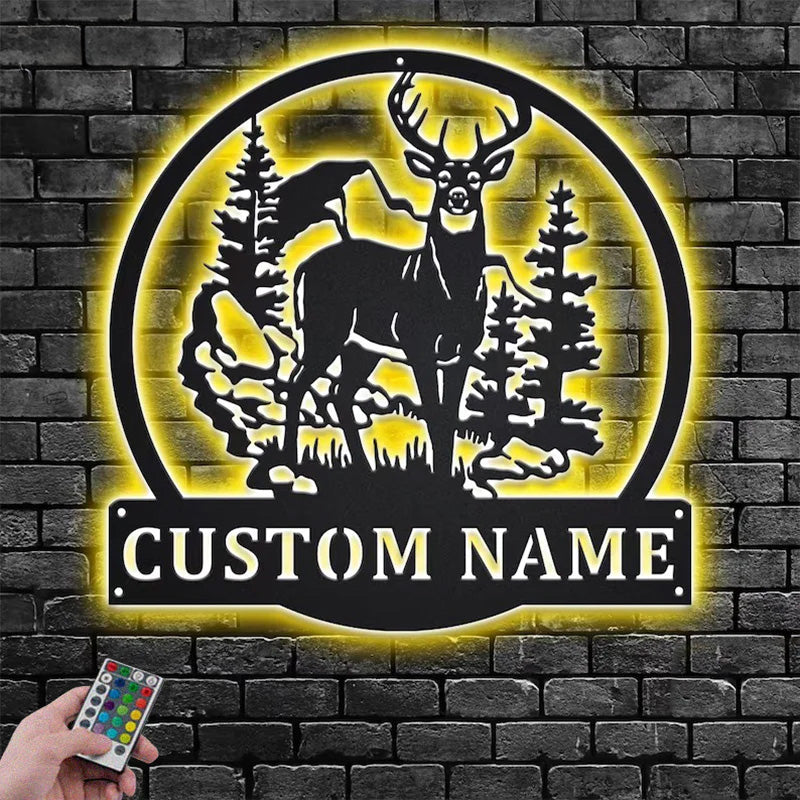 Personalized Deer And Mountain Metal Wall Signs With RGB Led Light