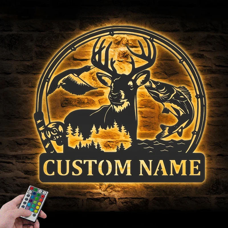 Personalized Deer Duck And Bass Fishing Metal Wall Signs With RGB Led Light