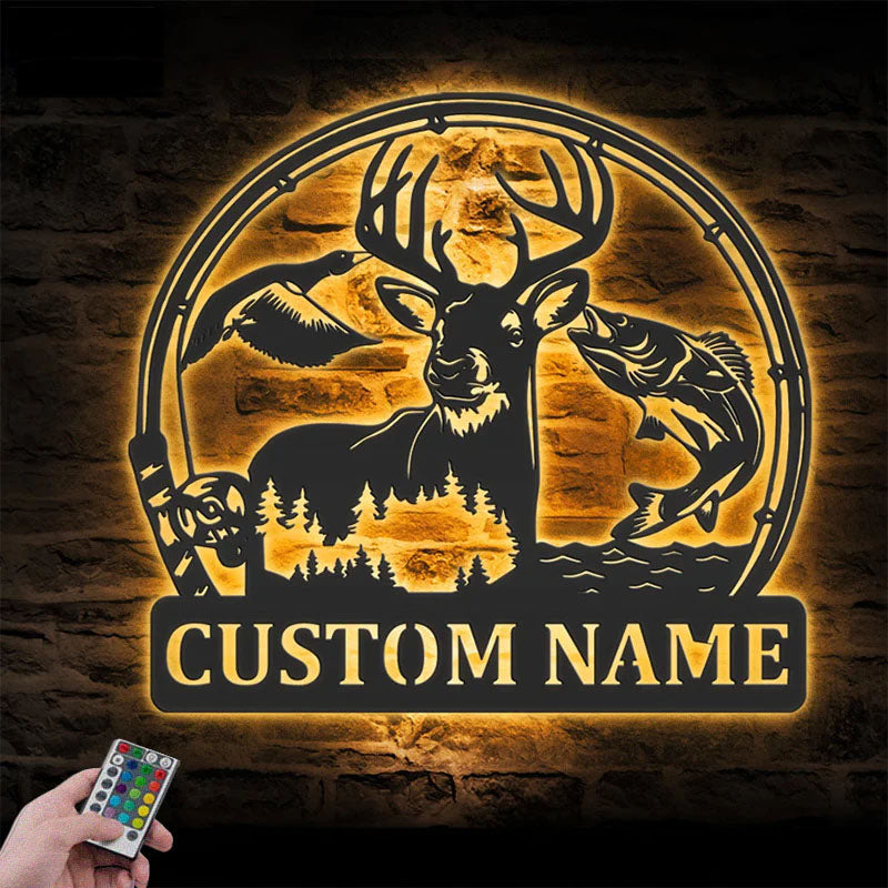 Personalized Deer Duck And Bass Fishing, Metal Wall Signs With RGB Led Light