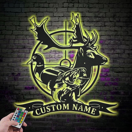 Personalized Deer Duck Fish Hunting Metal Wall Signs With RGB Led Light