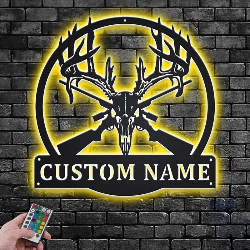 Personalized Deer Skull Hunting Metal Wall Signs With RGB Led Light