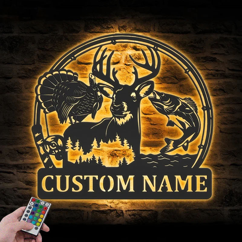 Personalized Deer Turkey And Bass Fishing Metal Wall Signs With RGB Led Light