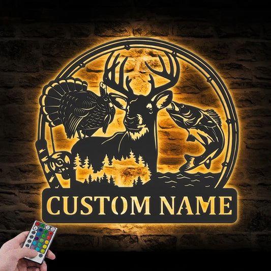 Personalized Deer Turkey And Bass Fishing Metal Wall Signs With RGB Led Light