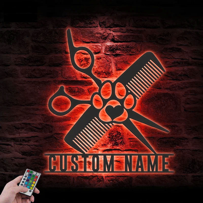 Personalized Dog Grooming Hair Salon, Metal Wall Signs With RGB Led Light