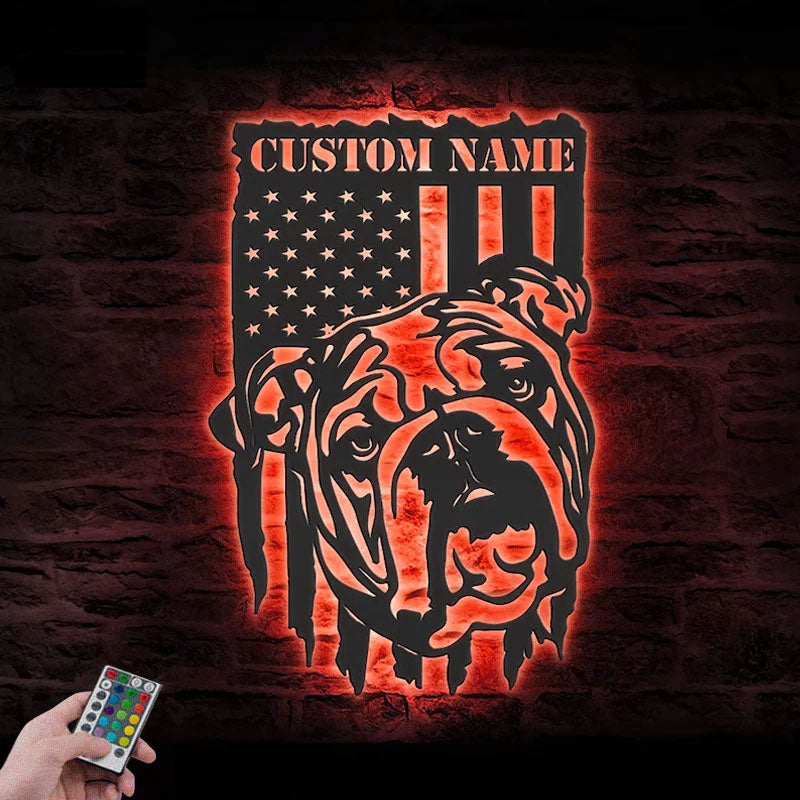 Personalized English Bulldog US Flag, Metal Wall Signs With RGB Led Light