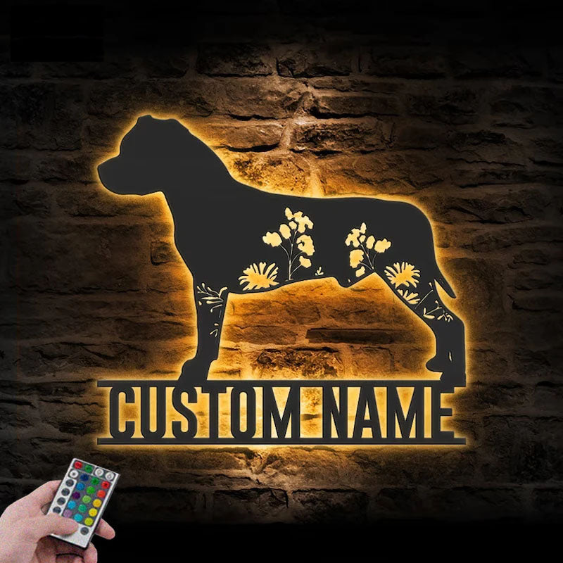 Personalized FLoral American Staffordshire Terrier Metal Wall Signs With RGB Led Light