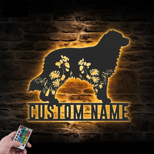 Personalized FLoral Australian Shepherd Metal Wall Signs With RGB Led Light