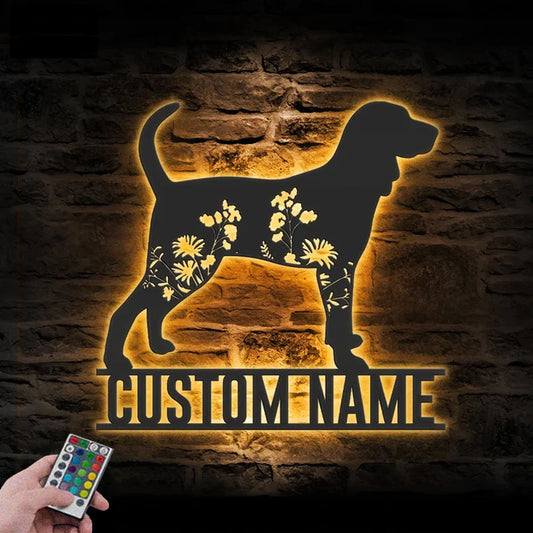 Personalized FLoral Black and Tan Coonhound Metal Wall Signs With RGB Led Light