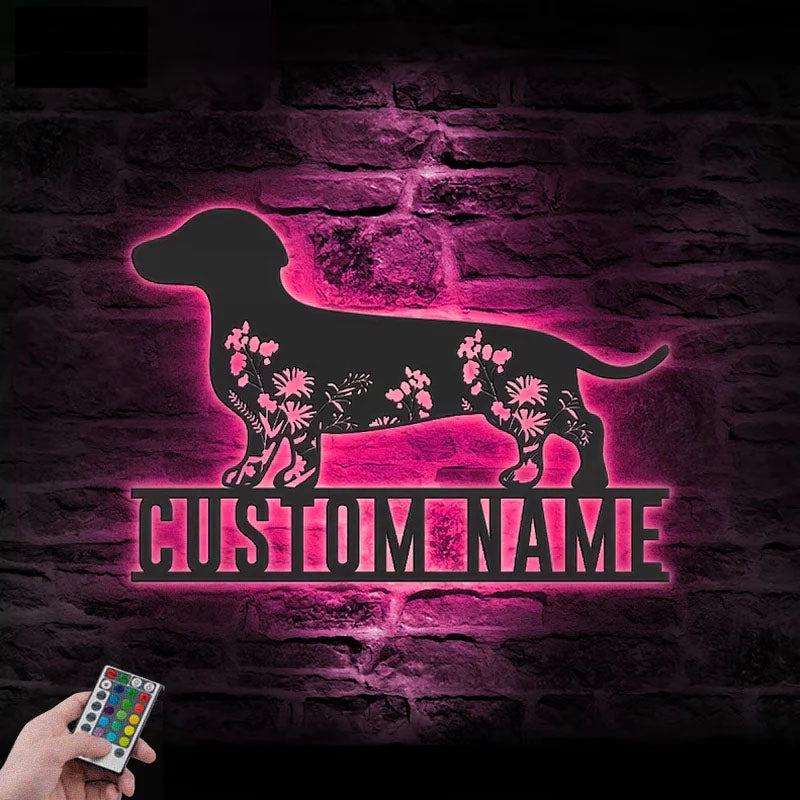 Personalized FLoral Dachshunds Metal Wall Art LED Light, Metal Wall Signs With RGB Led Light