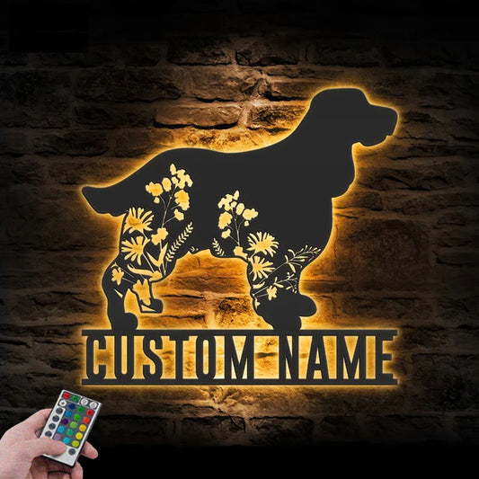Personalized FLoral English Springer Spaniel Metal Wall Signs With RGB Led Light