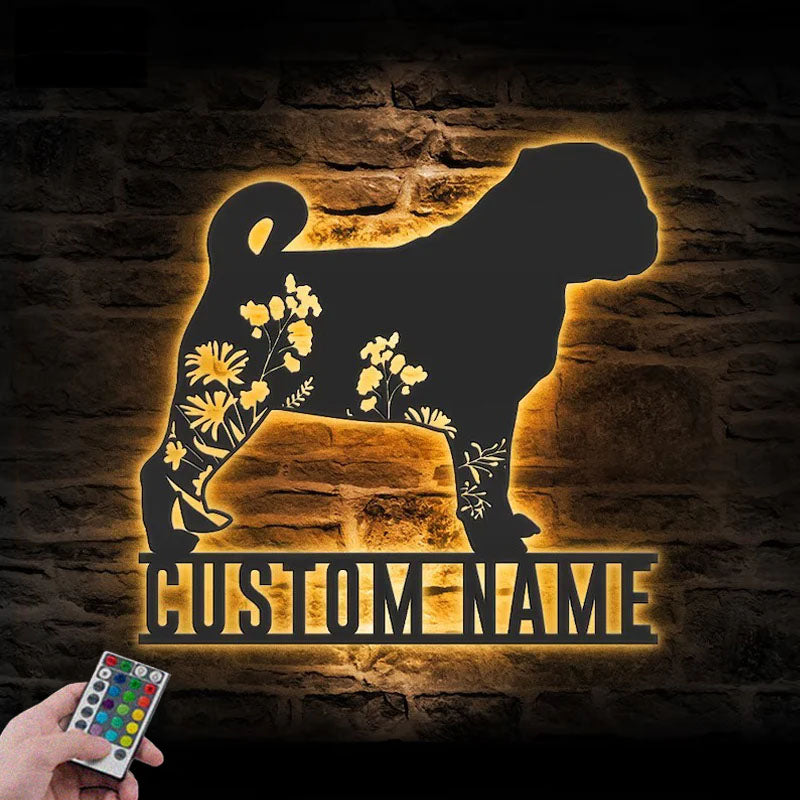 Personalized FLoral Pug, Metal Wall Signs With RGB Led Light