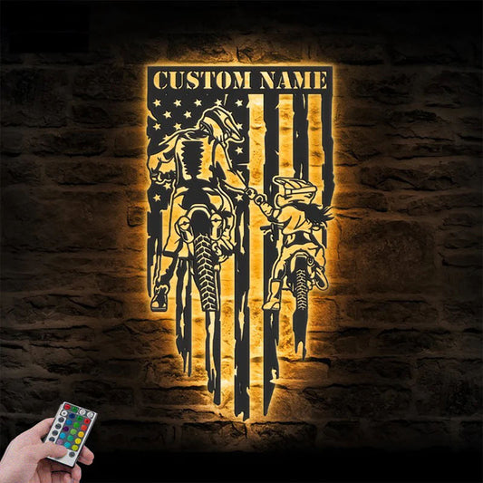 Personalized Father Daughter Motocross Biker US Flag, Metal Wall Signs With RGB Led Light