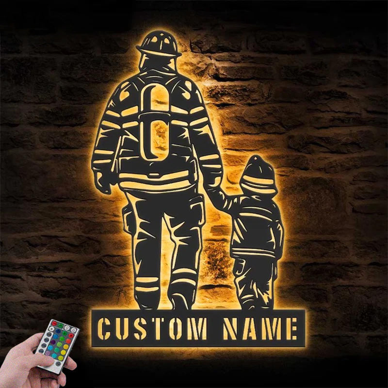 Personalized Father Son Firefighter Metal Wall Signs With RGB Led Light