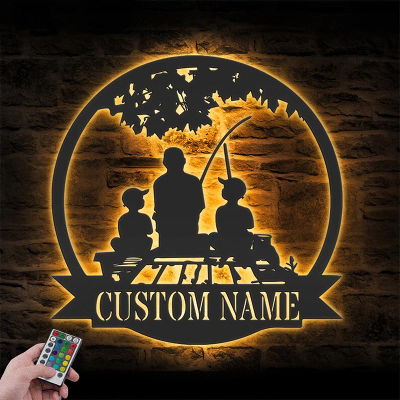 Personalized Father Son Fishing Metal Wall Signs With RGB Led Light